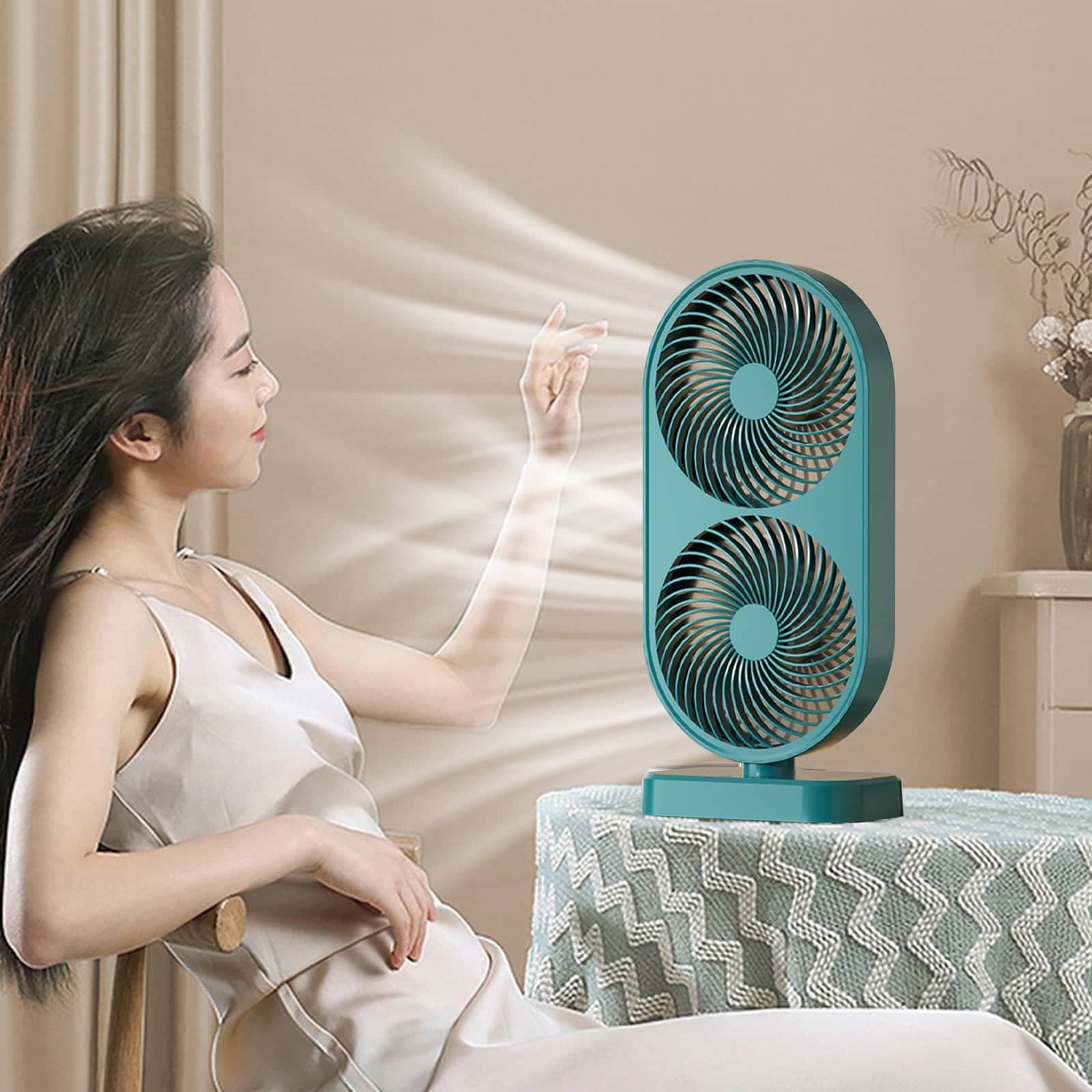 120° Adjustable High Speed Portable Double Head Desk Fan Rechargeable Fan with 4 Speeds Cooling Fan_000280